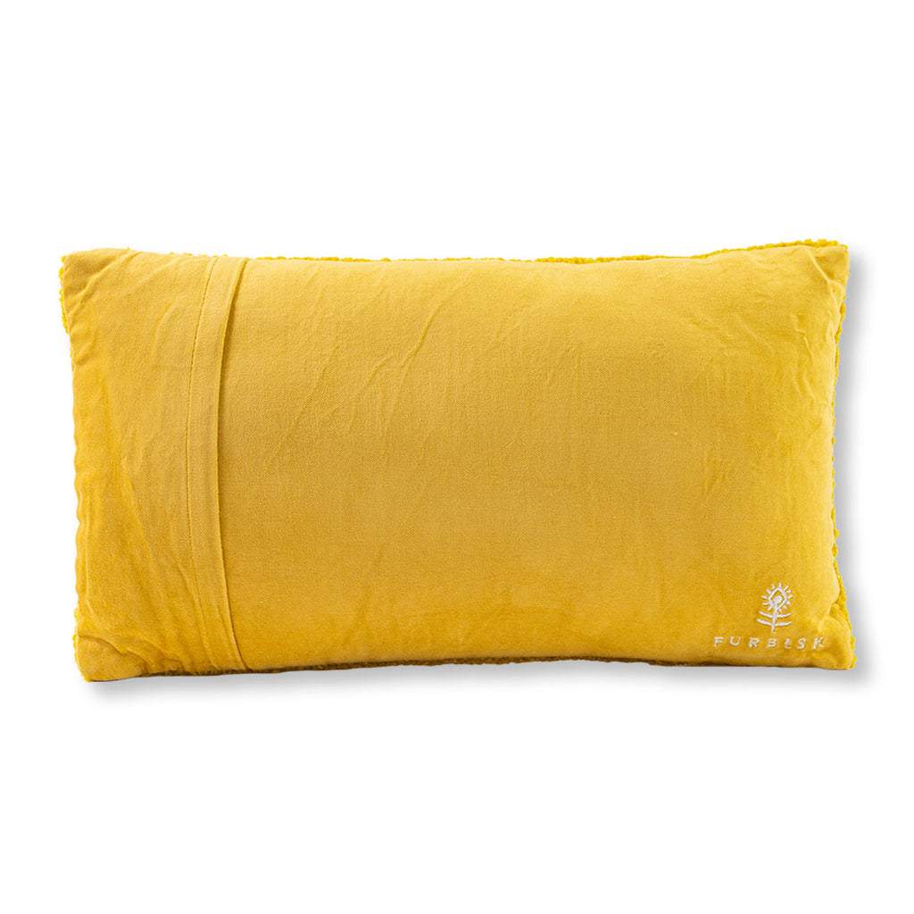 Yellow pillow with a brand logo on a white background
