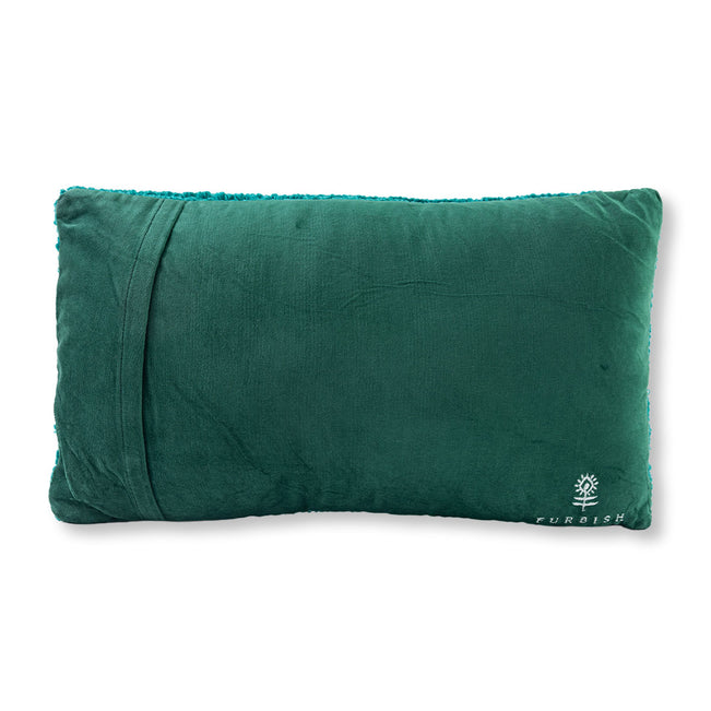 Green pillow with a brand logo on a white background