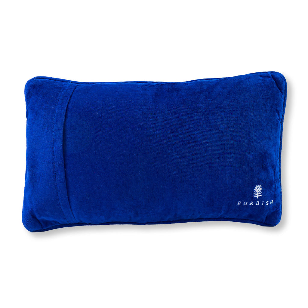 Blue pillow with a brand logo on a white background