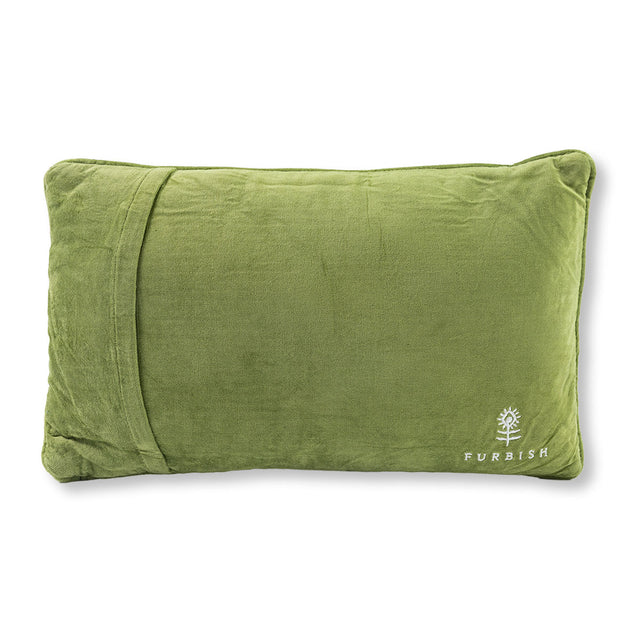 Green pillow with 'Furbish' logo on a white background