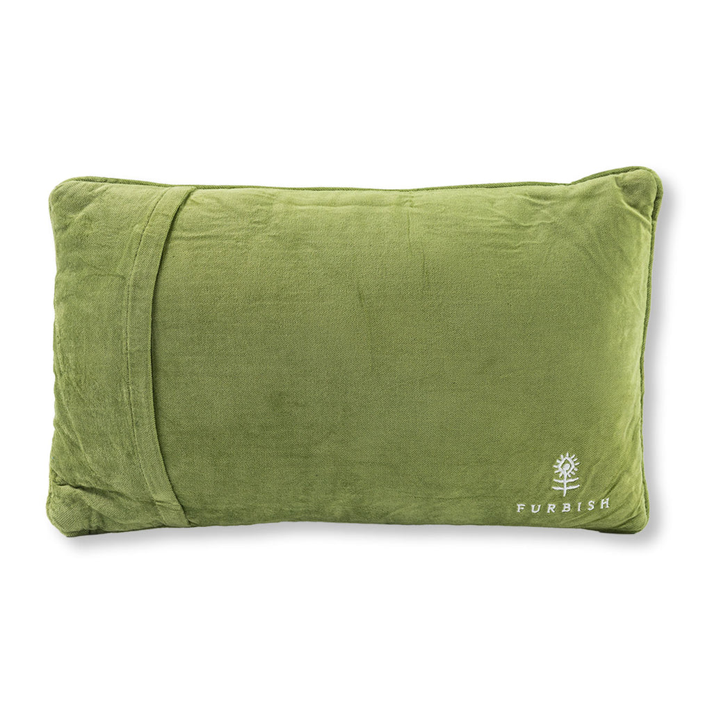 Green pillow with 'Furbish' logo on a white background