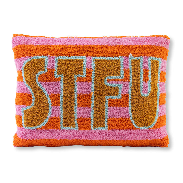 Pillow with 'STFU' text on a pink and orange striped background