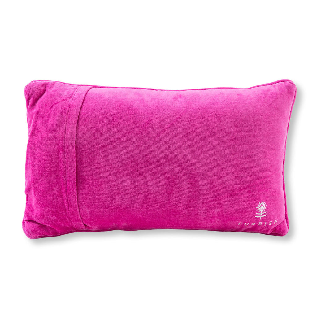 Pink pillow with a brand logo on a white background