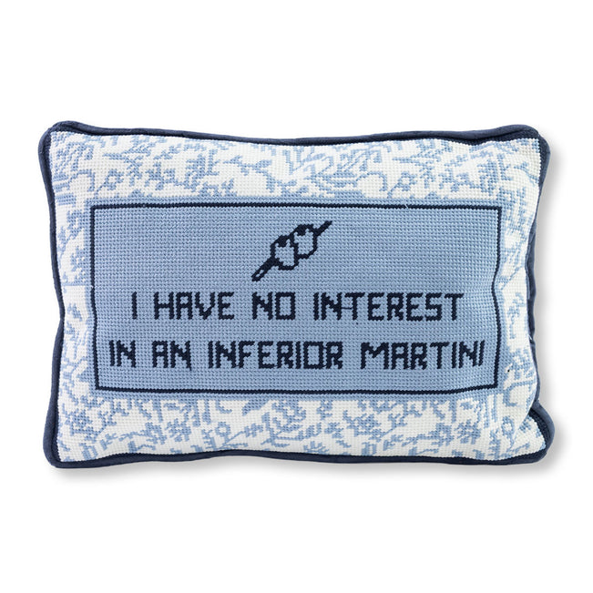 Decorative pillow with text and a martini glass design on a white background