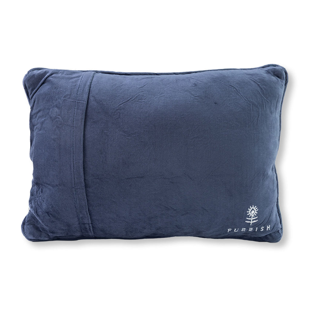 Blue pillow with 'Furbish' logo on a white background