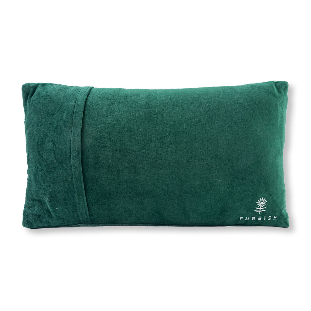 Green pillowcase with a brand logo on a white background