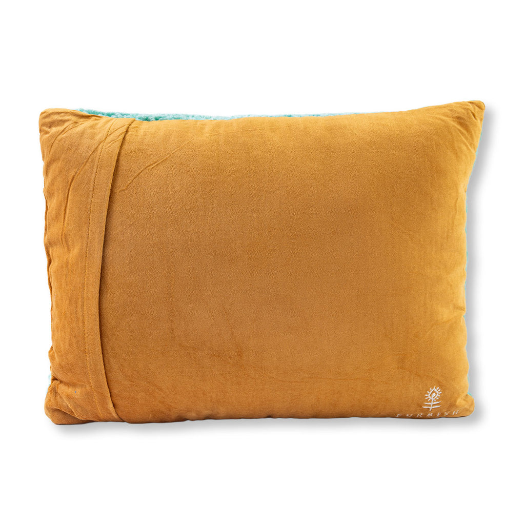 Mustard yellow pillow with a brand logo on a white background