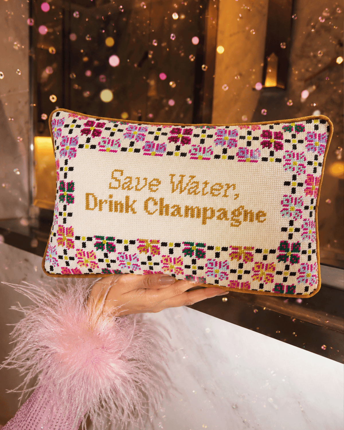 Drink Champagne Needlepoint Pillow - Furbish Studio
