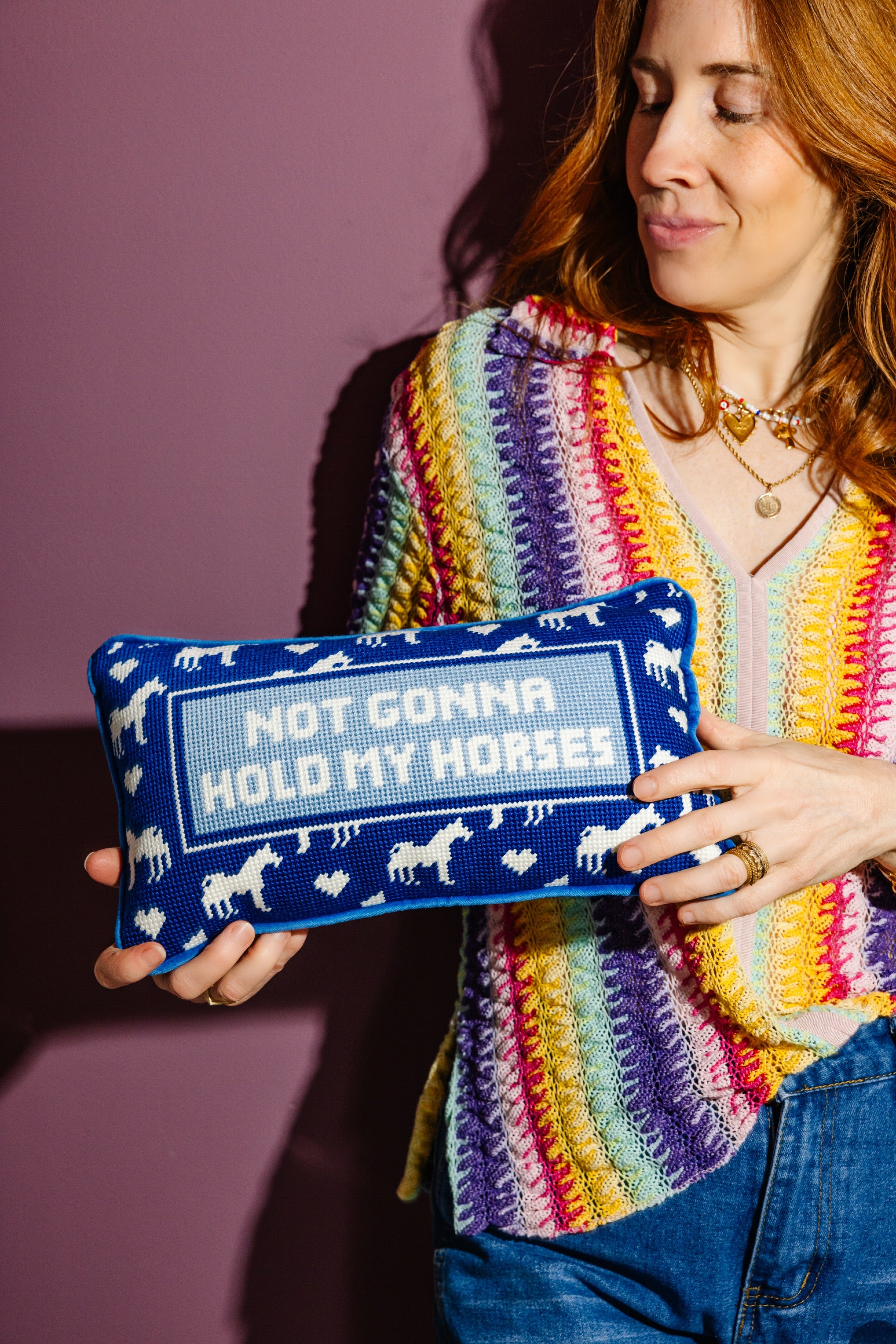 Needlepoint Pillow Hold My Horses - Furbish Studio