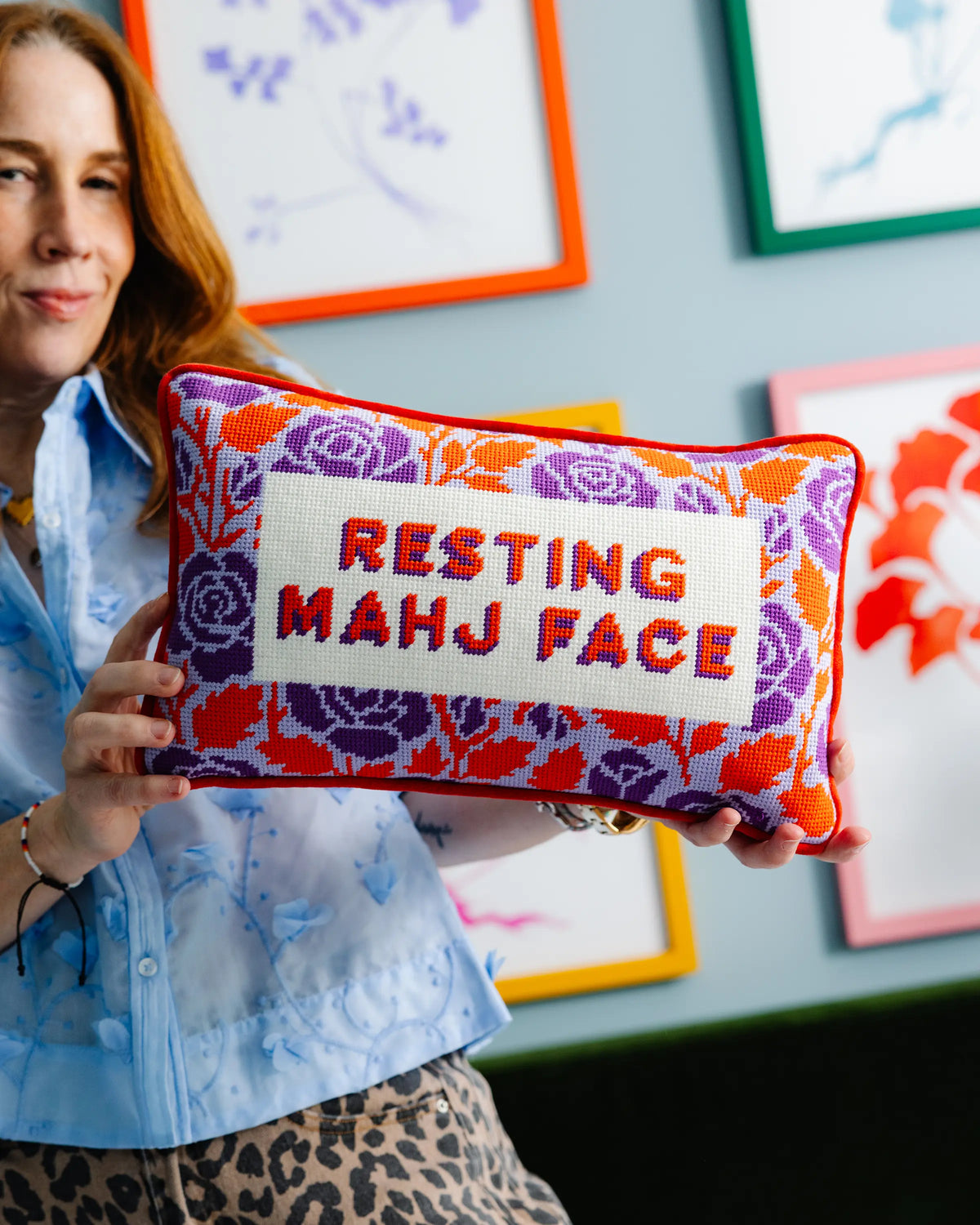 Resting Mahj Face Needlepoint Pillow - Furbish Studio