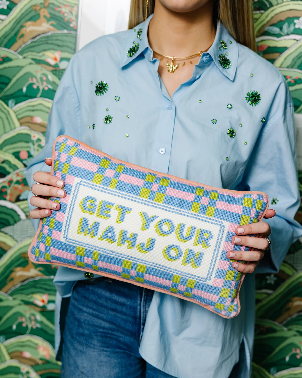 Get Your Mahj On Needlepoint Pillow - Furbish Studio