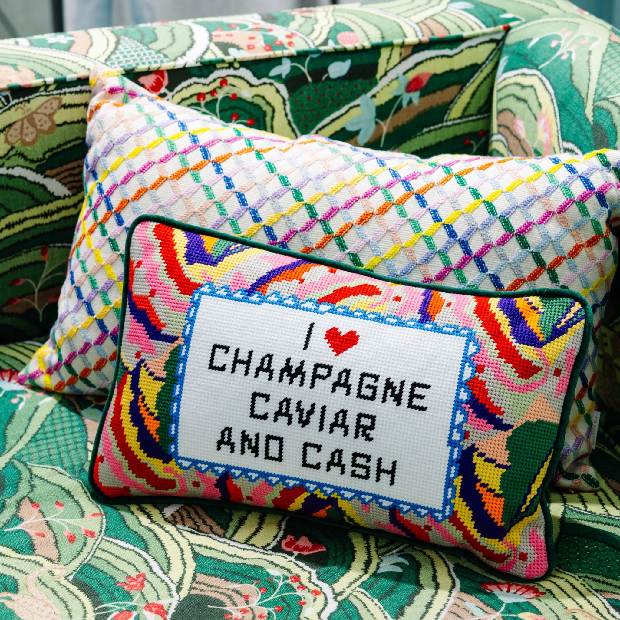 I Love Champagne Caviar and Cash Needlepoint Pillow – Furbish Studio