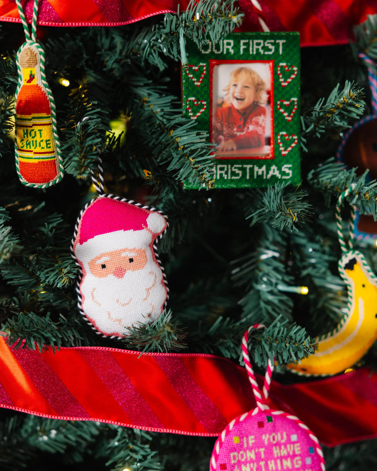 Needlepoint Icon Ornament - Pink Santa - Furbish Studio