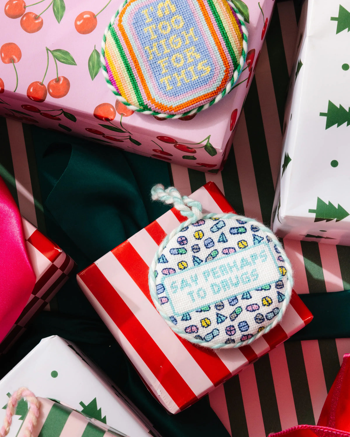 Needlepoint Ornament - Say Perhaps to Drugs - Furbish Studio