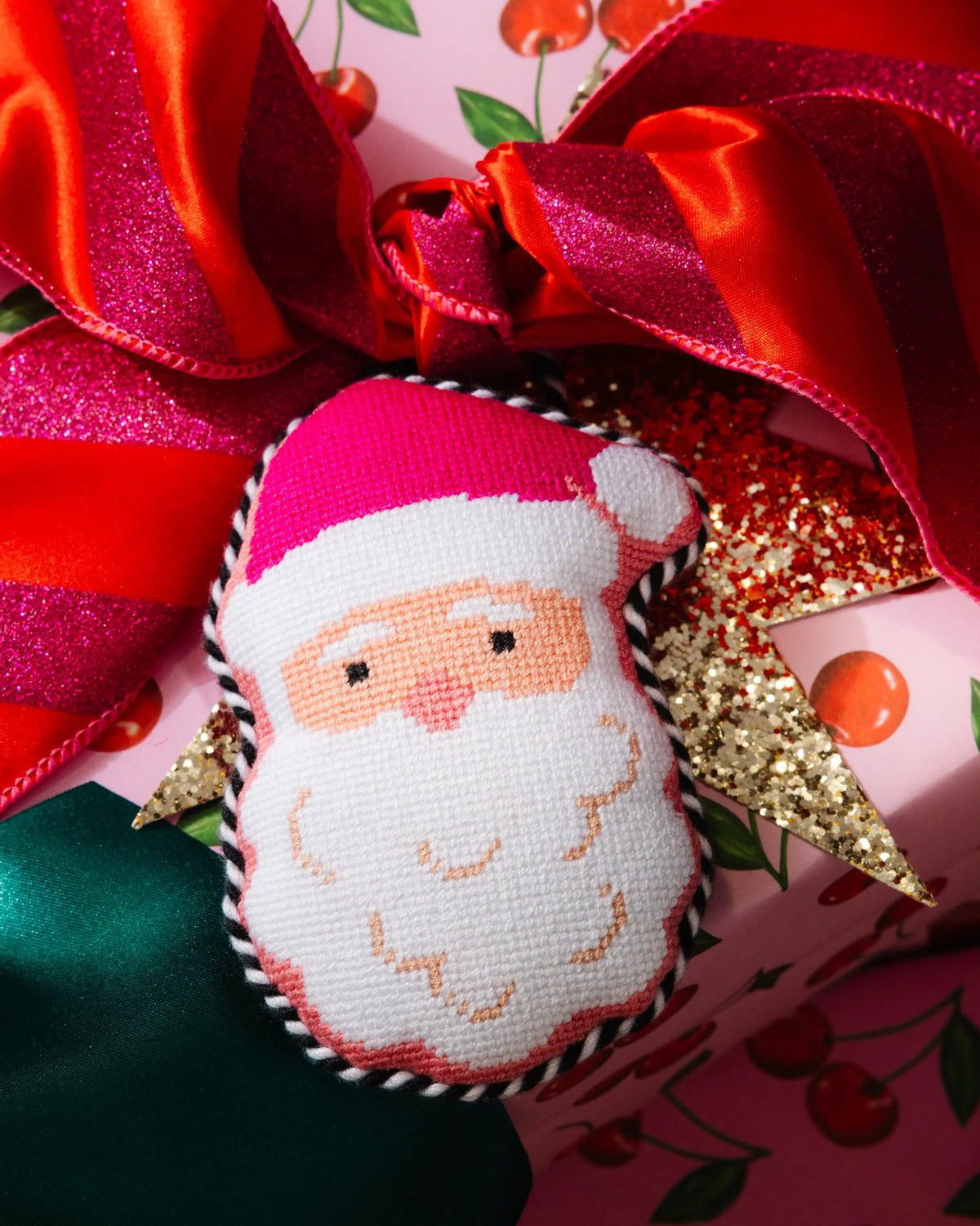 Needlepoint Icon Ornament - Pink Santa - Furbish Studio