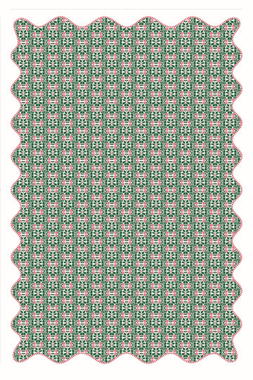Green and pink patterned doily on a white background