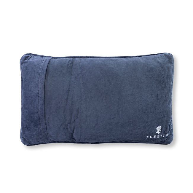 Blue pillow with a brand logo on a white background