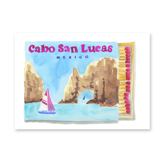 Matches with a scenic illustration of Cabo San Lucas, Mexico on the cover.