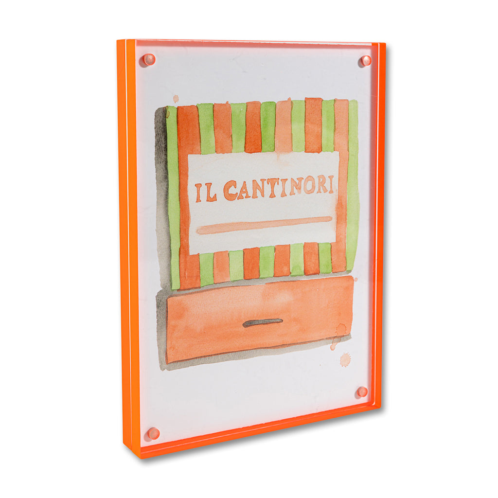 Il Cantinori Matchbook - Furbish Studio, An Il Cantinori matchbook watercolor print with the restaurant awning's design painted in orange and yellow-green and "IL CANTINORI" is painted in the middle enclosed in a 5" x 7" orange magnetic acrylic floating frame