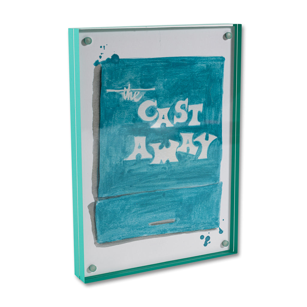 Cast Away Matchbook - Furbish Studio, The Cast Away matchbook watercolor print with turquoise paint as a background color and "The Cast Away" painted in white enclosed in a 5" x 7" mint green magnetic acrylic floating frame
