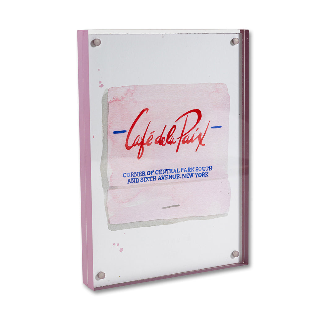 Cafe de la Paix Matchbook - Furbish Studio, A matchbook watercolor print with a red painted "Café de la Paix" and a pink background enclosed in a 5" x 7" mauve magnetic acrylic floating frame 