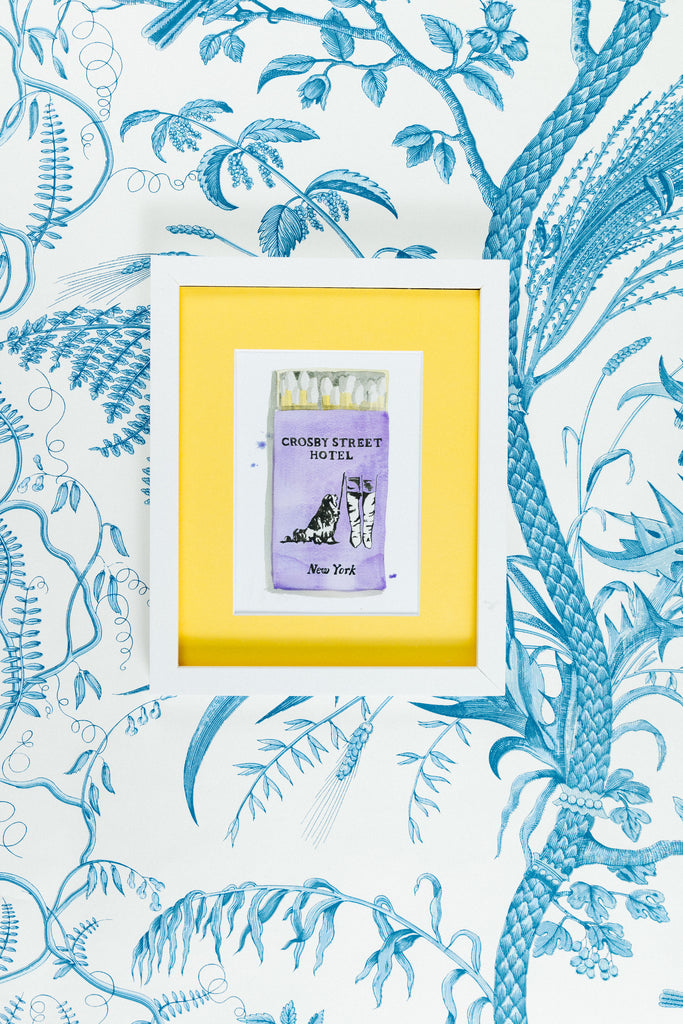 Crosby Street Hotel Matchbook - Furbish Studio, A matchbook watercolor print with a lilac background paint and a name "Crosby Street Hotel" and "New York" Below both painted in black in a 5x7 white frame with a wallpaper background