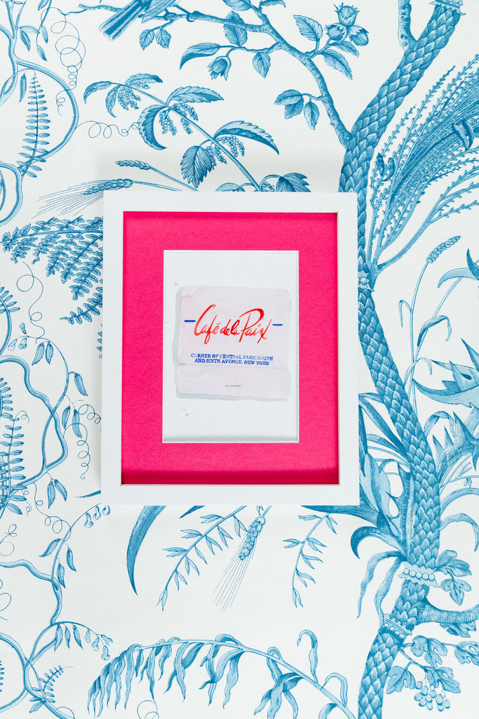 Cafe de la Paix Matchbook - Furbish Studio, A matchbook watercolor print with a red painted "Café de la Paix" and a pink background in a 5x7 white frame with a wallpaper background