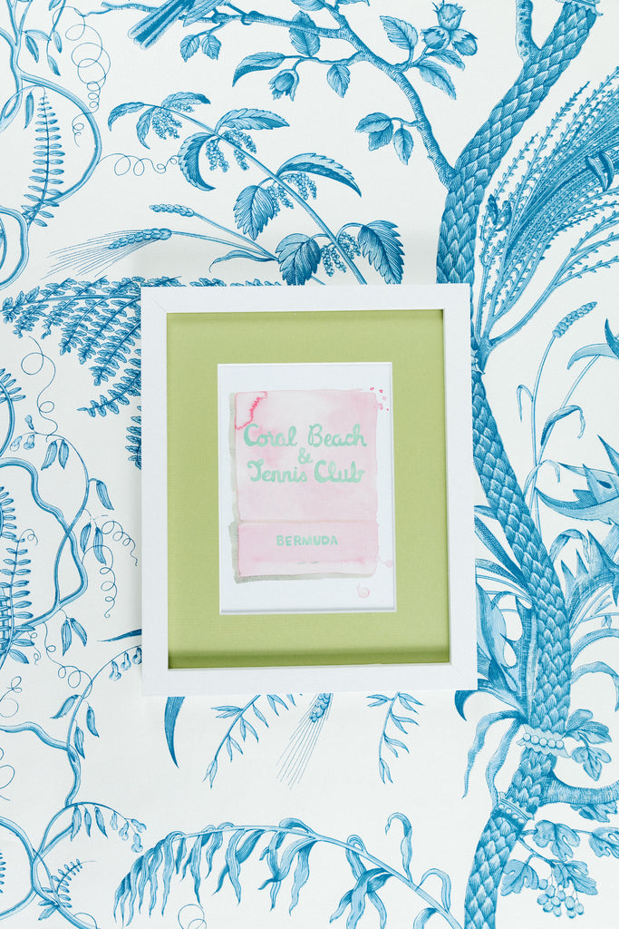 Coral Beach Club Matchbook - Furbish Studio, A matchbook watercolor print with a mint-green painted "Coral Beach and Tennis Club" and "Bermuda" is underneath and a light pink background shade in a 5x7 white frame with a wallpaper background