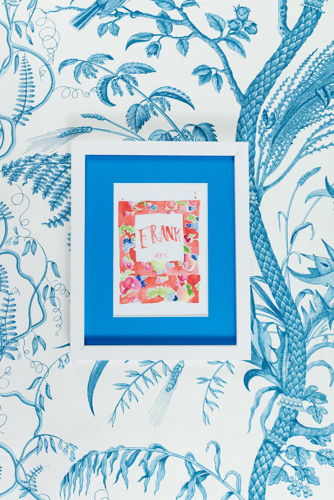 Frank NYC Matchbook - Furbish Studio, A matchbook watercolor print with a colorful flowery and fruity background design in a 5x7 white frame with a wallpaper background
