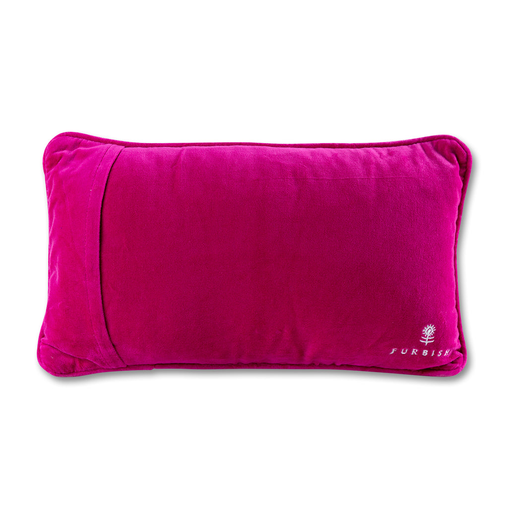 back view of the luxe pink velvet chic hand needlepoint pillow with a furbish text print and logo located on the bottom right-hand corner of the pillow