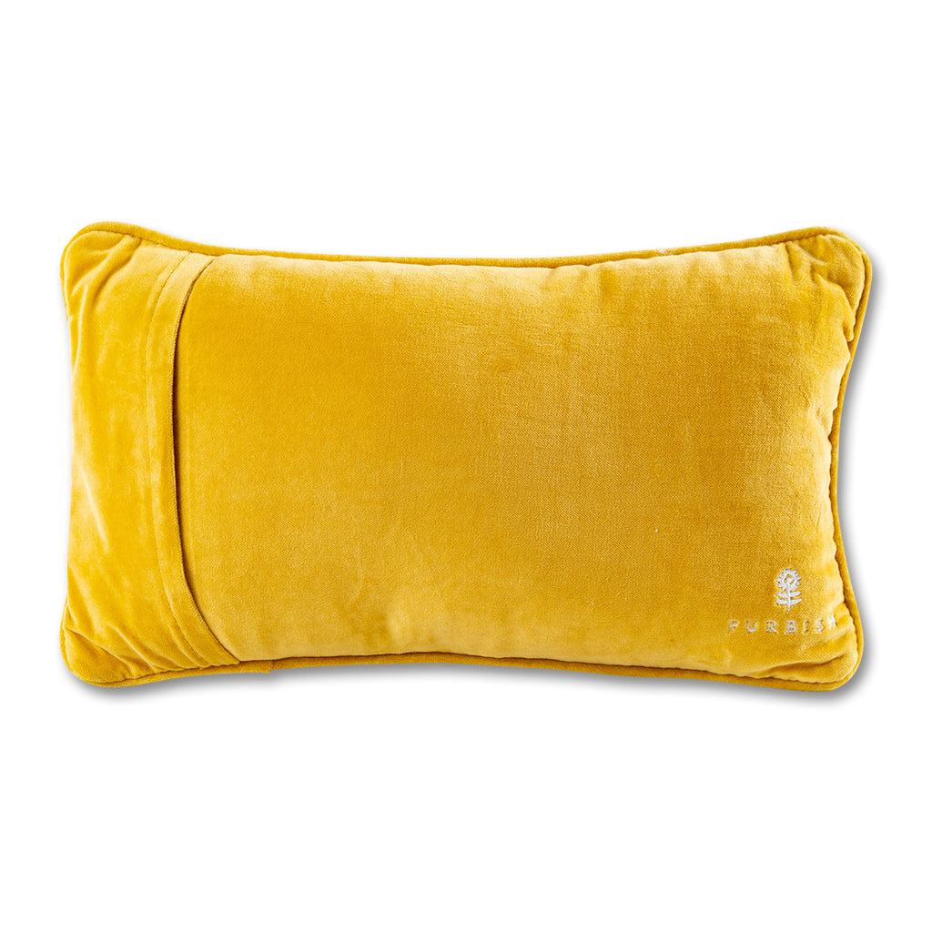 back view of the luxe yellow velvet chic hand needlepoint pillow with a furbish text print and logo located on the bottom right-hand corner of the pillow