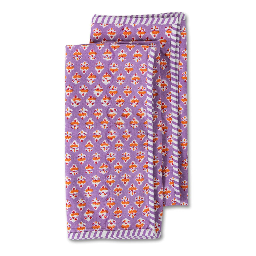 lilac block print handmade dish towels with orange flowers and straight edge stripes