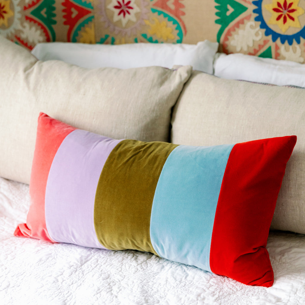 Furbish Studio - Durant Velvet Pillow - Rainbow- Sumptuous and silky, our Durant velvet lumbar pillows are the perfect luxe layer to add to your home interior decor throw pillow mix. Alternating rainbow wide stripes give a mid-century vibe. 16" x 32". Made with 100% cotton velvet. Down insert included with zipper closure.