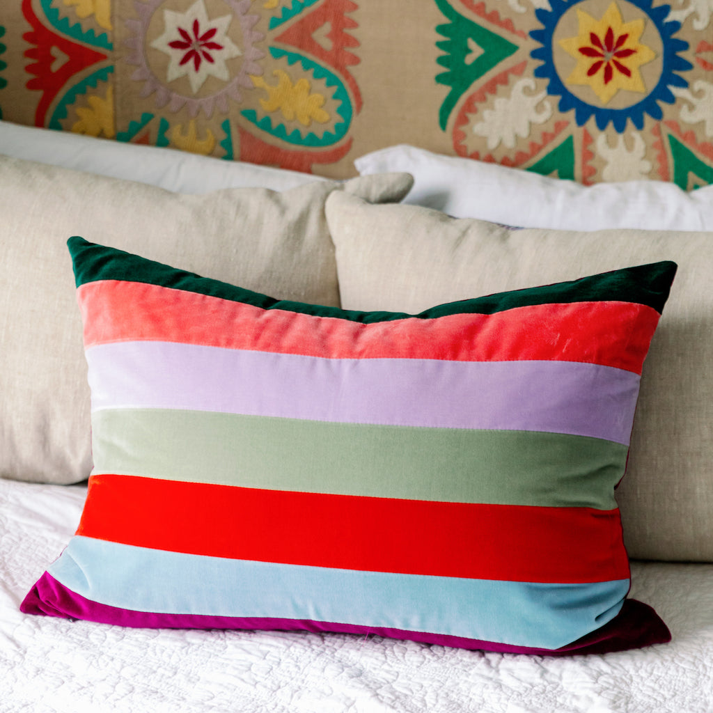 Furbish Studio - Francis Velvet Pillow - Rainbow- Sumptuous and silky, our rainbow Francis velvet toss pillows are the perfect luxe layer to add to your home interior decor throw pillow mix. Very MCM vibe. 20" x 28". Made with 100% cotton velvet. Down insert included with zipper closure.