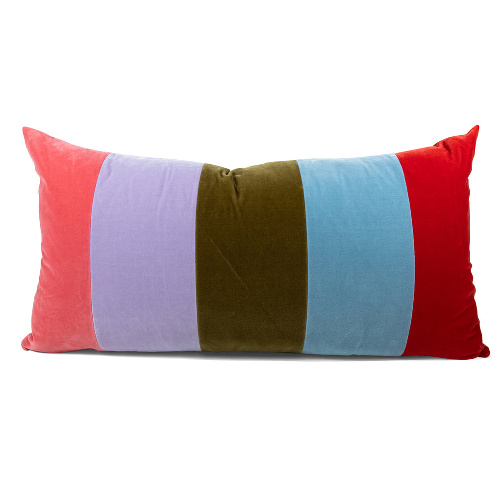 Furbish Studio - Durant Velvet Pillow - Rainbow- Sumptuous and silky, our Durant velvet lumbar pillows are the perfect luxe layer to add to your home interior decor throw pillow mix. Alternating rainbow wide stripes give a mid-century vibe. 16" x 32". Made with 100% cotton velvet. Down insert included with zipper closure.