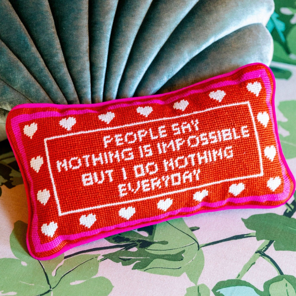 Furbish - Nothing is Impossible Needlepoint Pillow - A Winnie the Pooh classic saying....use this hand made needlepoint pillow decor accessory in a living room, bedroom or library. A fun gift with a cheeky message for that special person in your life. Wool needlepoint pillow front with a luxe velvet back. Measures 8" x 14"