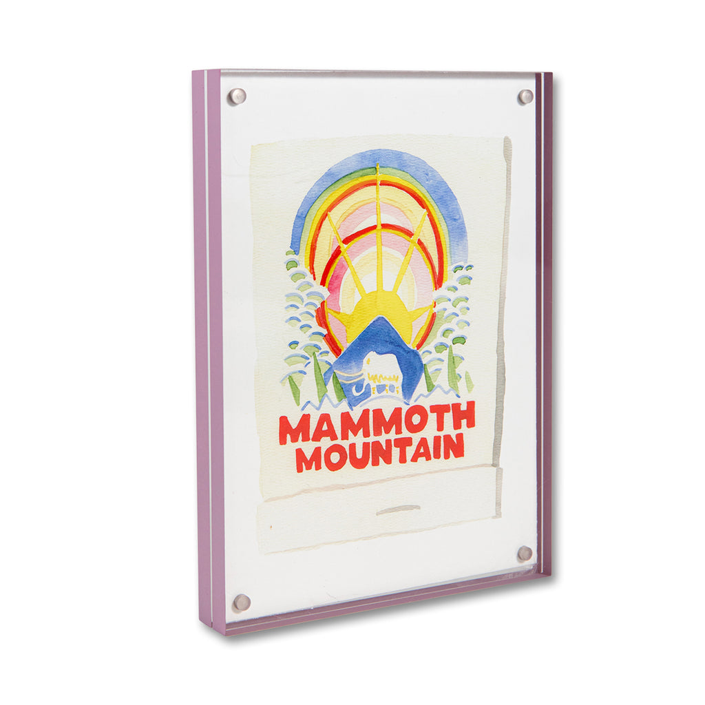 Mammoth Mountain Matchbook - Furbish Studio,  Mammoth Mountain matchbook watercolor print with an elephant painted in the middle with a white background enclosed in a 5" x 7" mauve magnetic acrylic floating frame facing a side view