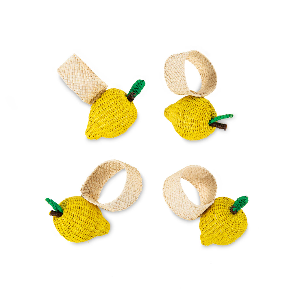 Furbish - Lemon Raffia Napkin Ring - Add charm and whimsy to your spring and summer table setting or picnic with these handmade lemon yellow napkin rings. Show off your hostess skills by sliding a perfectly folded cloth napkin into this eye-catching fruity lemon napkin ring. Made of all natural raffia fibers.