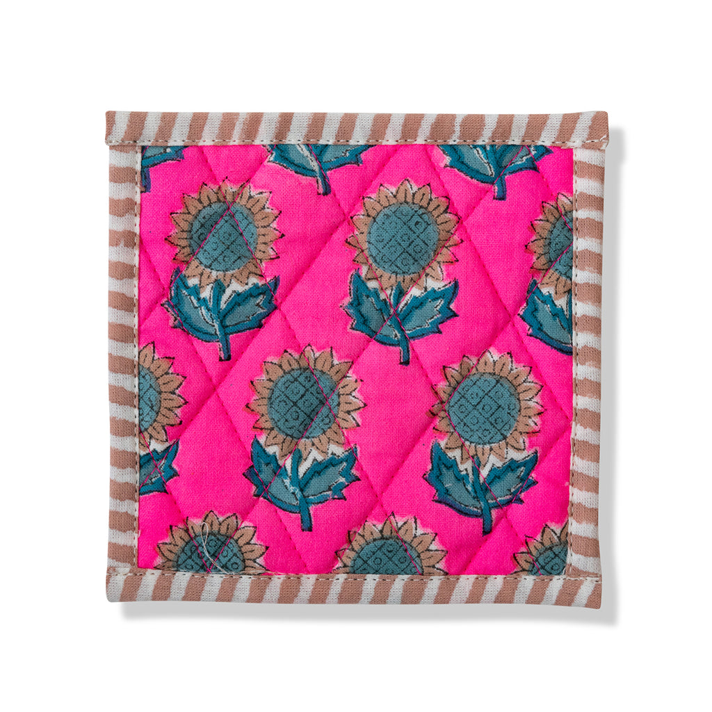 pink botanical block print handmade coaster with teal sunflowers and straight edge stripes