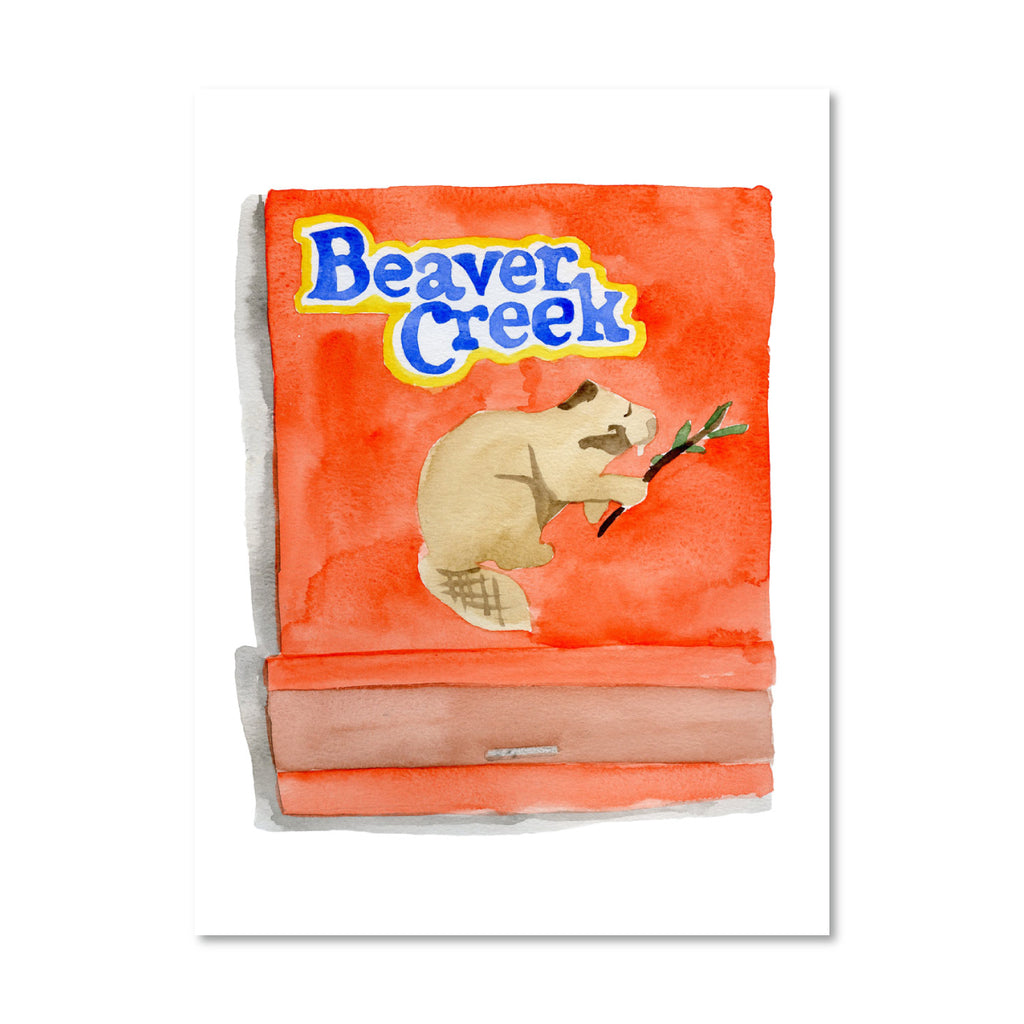 Beaver Creek Matchbook - Furbish Studio, An unframed Beaver Creek matchbook watercolor print featuring a beaver holding a branch with an orange background color paint
