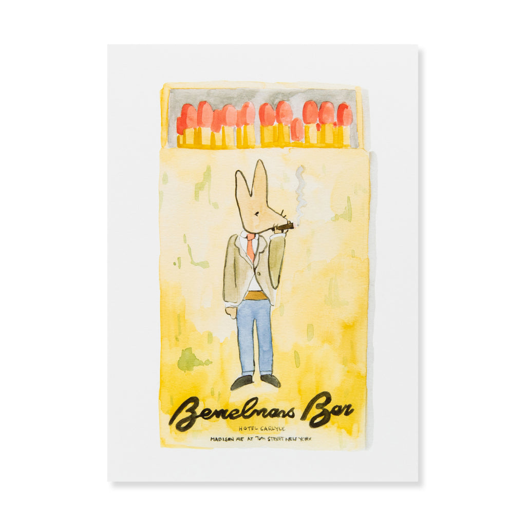 Bemelman's Bar Matchbook - Furbish Studio, An unframed Bemelman's Bar matchbook watercolor print featuring an illustration of a rabbit in a suit while smoking with yellow background color paint