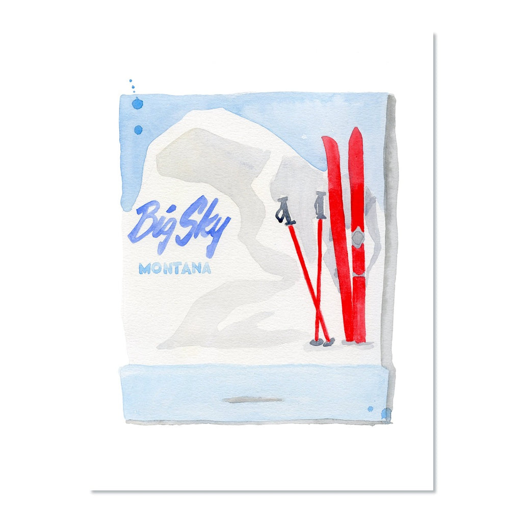 Big Sky Matchbook - Furbish Studio, An unframed Big Sky Montana watercolor print featuring ski poles and snowblades painted in red with a bluish background color and an iceberg 