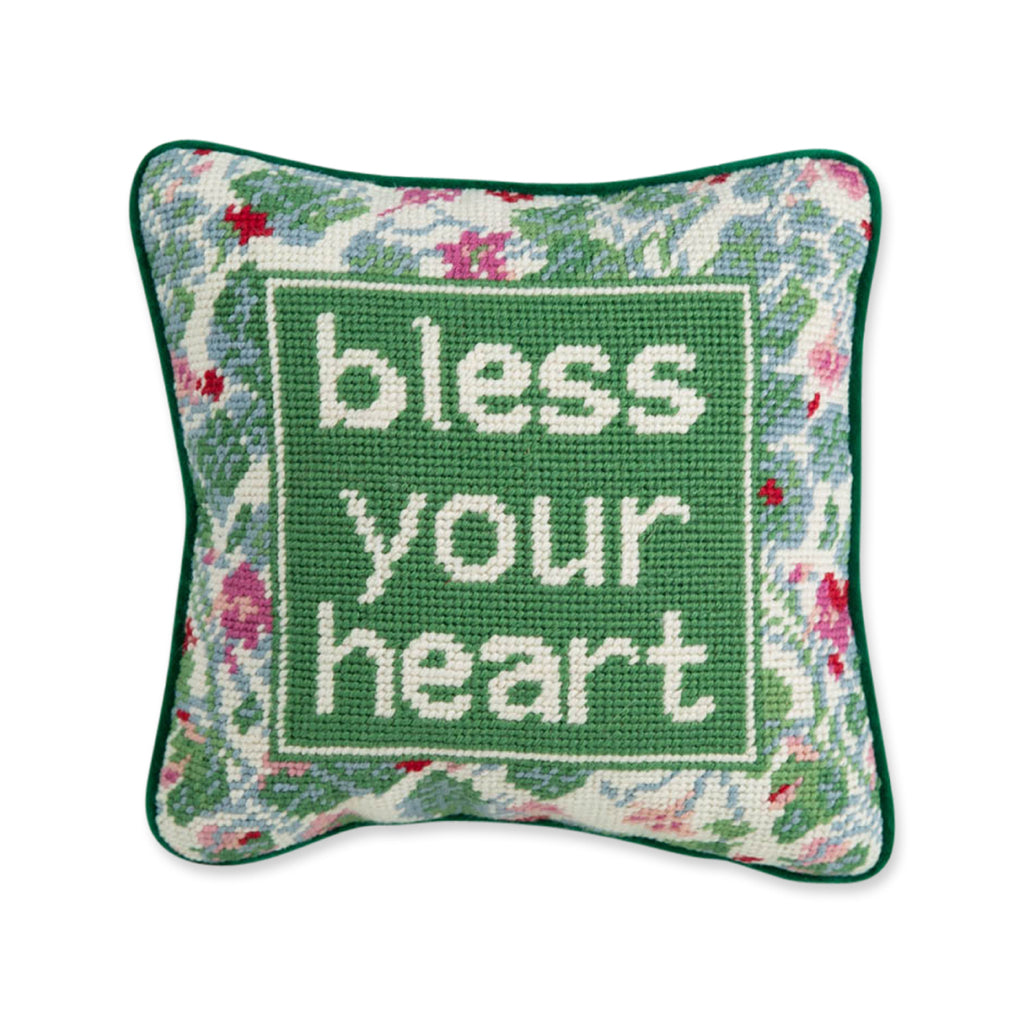 Bless Your Heart Needlepoint Pillow - Furbish Studio, a closer view of the luxe green velvet charming-meets-chic hand needlepoint pillow with "bless your heart" saying in front