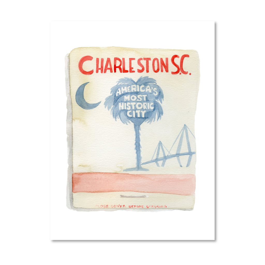 Charleston Matchbook - Furbish Studio, An unframed Charleston SC matchbook watercolor print illustrating Charleston's surroundings which are the palm tree and Arthur Ravenel Jr. Bridge in the background