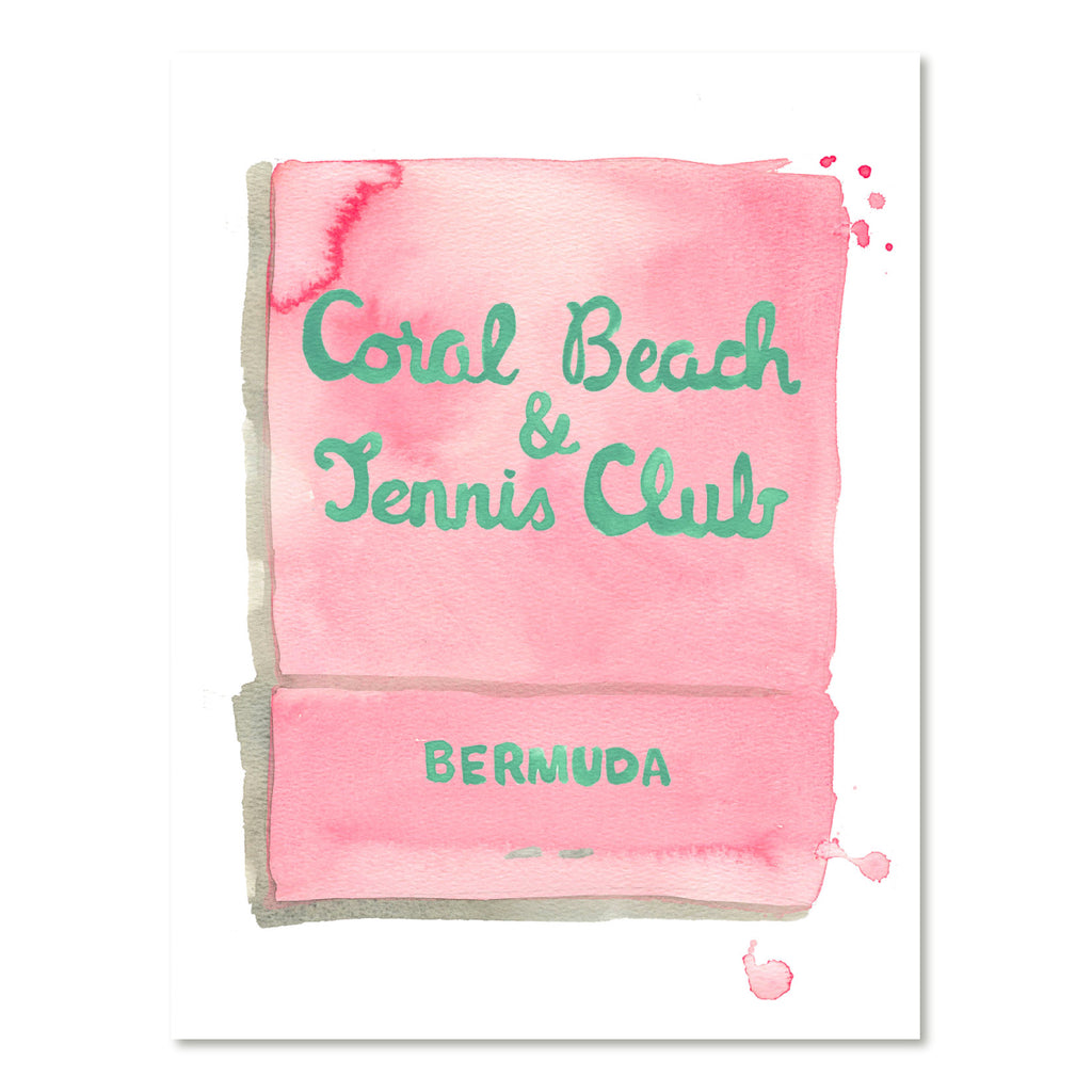 Coral Beach Club Matchbook - Furbish Studio, An unframed matchbook watercolor print with a mint-green painted "Coral Beach and Tennis Club" and "Bermuda" is underneath and a light pink background shade