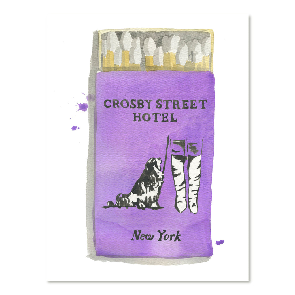 Crosby Street Hotel Matchbook - Furbish Studio, An unframed matchbook watercolor print with a lilac background paint and a name "Crosby Street Hotel" and "New York" Below both painted in black