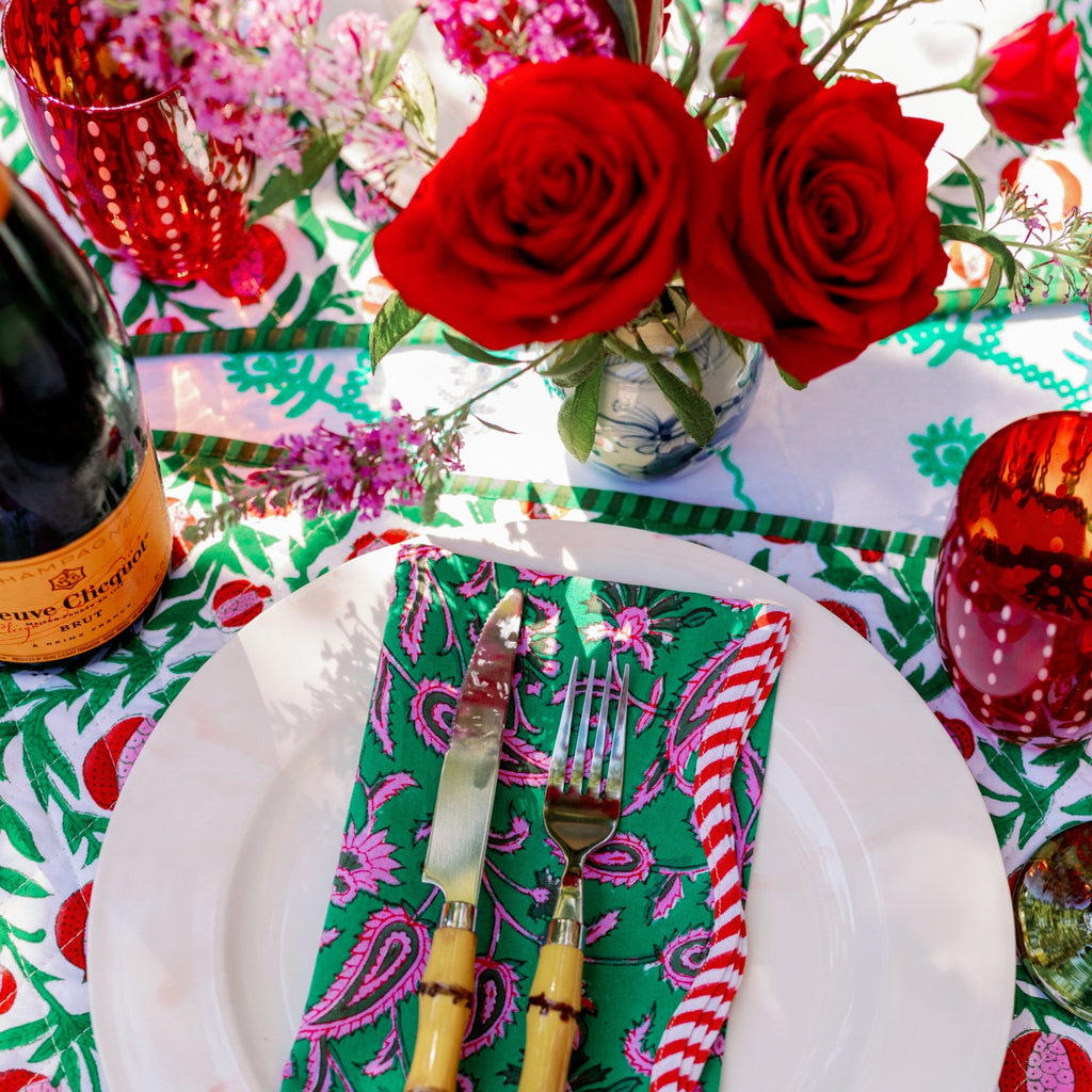 Furbish Studio - Evergreen Tablecloth - Make your holiday at home extra festive with our exclusive blockprint tablecloth. We love the charming color combo and the chic striped trim. Check out coordinating napkins, placemats and coasters - you can pair prints easily, or dare to mix!