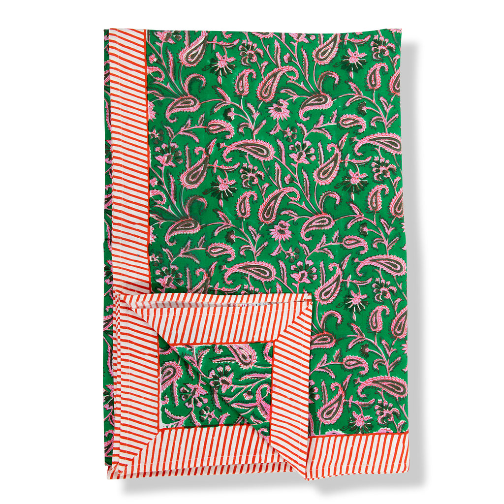 Furbish Studio - Evergreen Tablecloth - Make your holiday at home extra festive with our exclusive blockprint tablecloth. We love the charming color combo and the chic striped trim. Check out coordinating napkins, placemats and coasters - you can pair prints easily, or dare to mix!