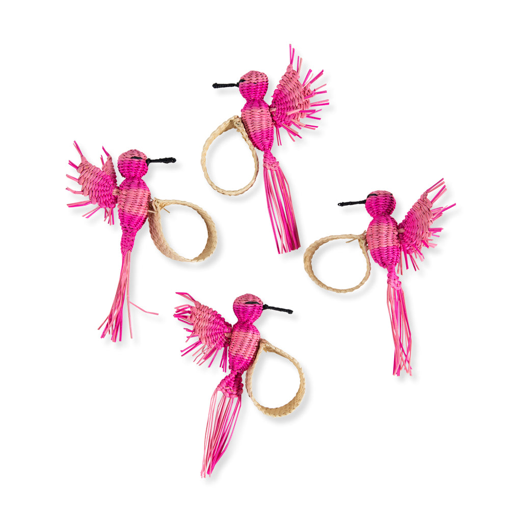 Furbish Studio - Adorable Pink raffia hummingbird napkin ring set of 4