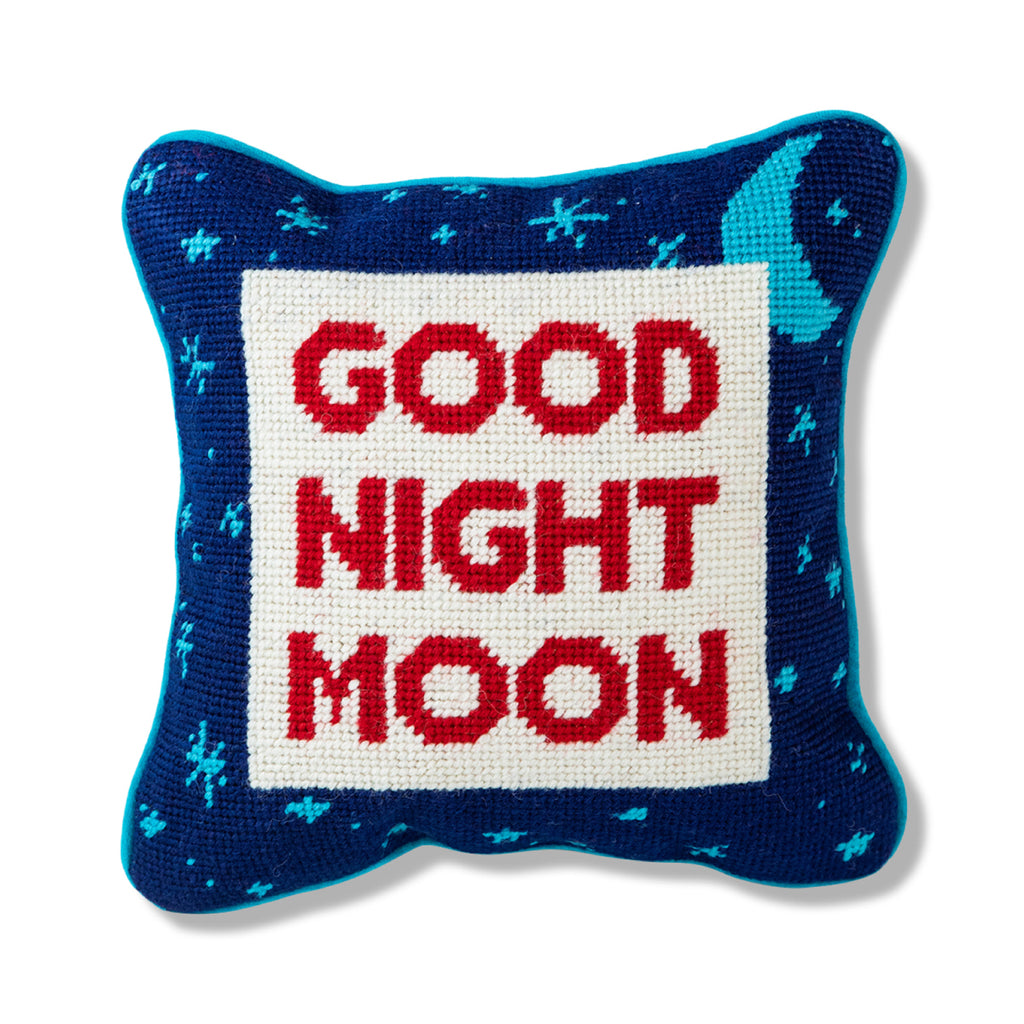 a closer look of the hand embroidered in wool and backed in luxe sky blue velvet chic needlepoint pillow with "Good Night Moon" cheeky saying in front 